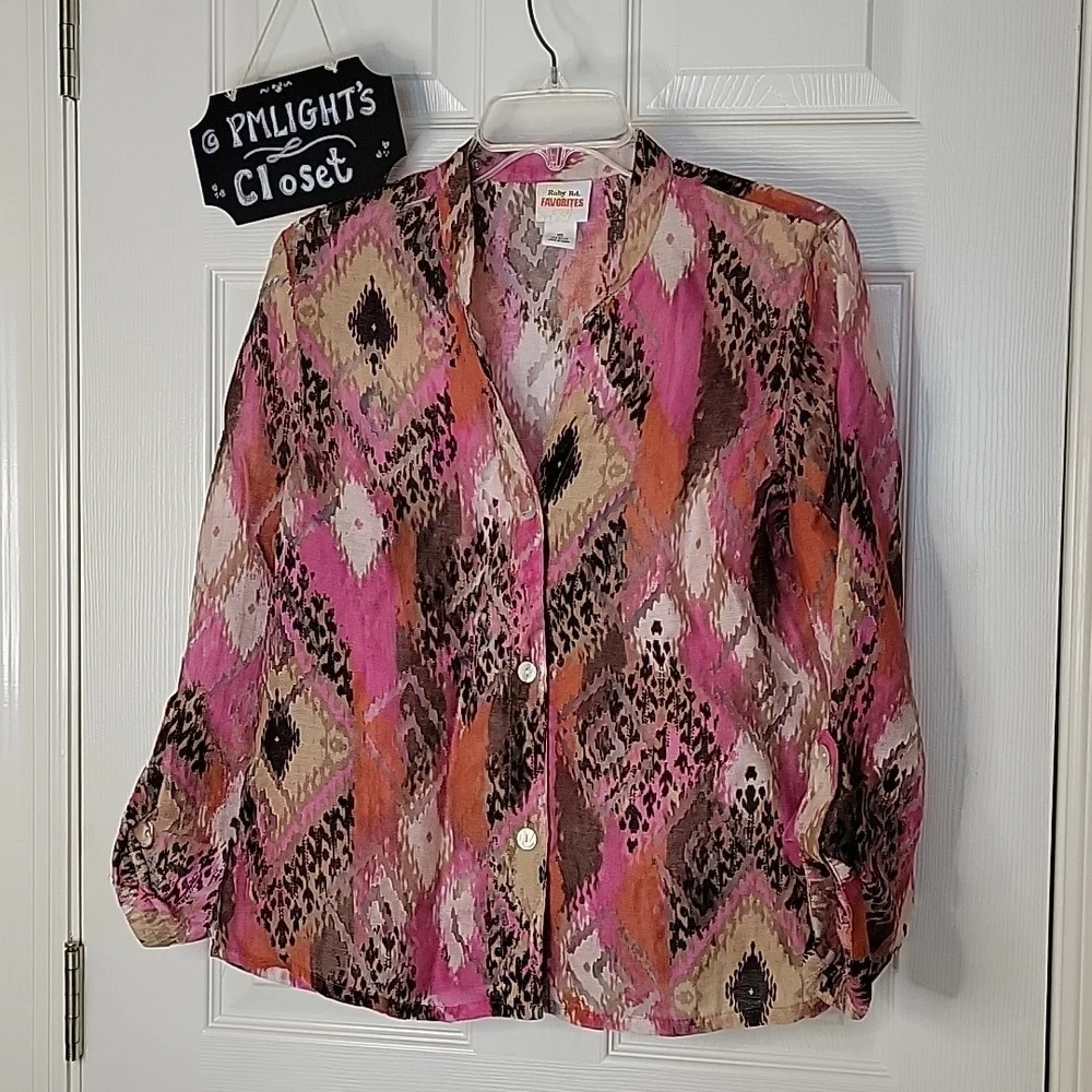 Ruby Rd. Favorites 10 Blouse Button Up Sheer Pink Purple Brown Tan